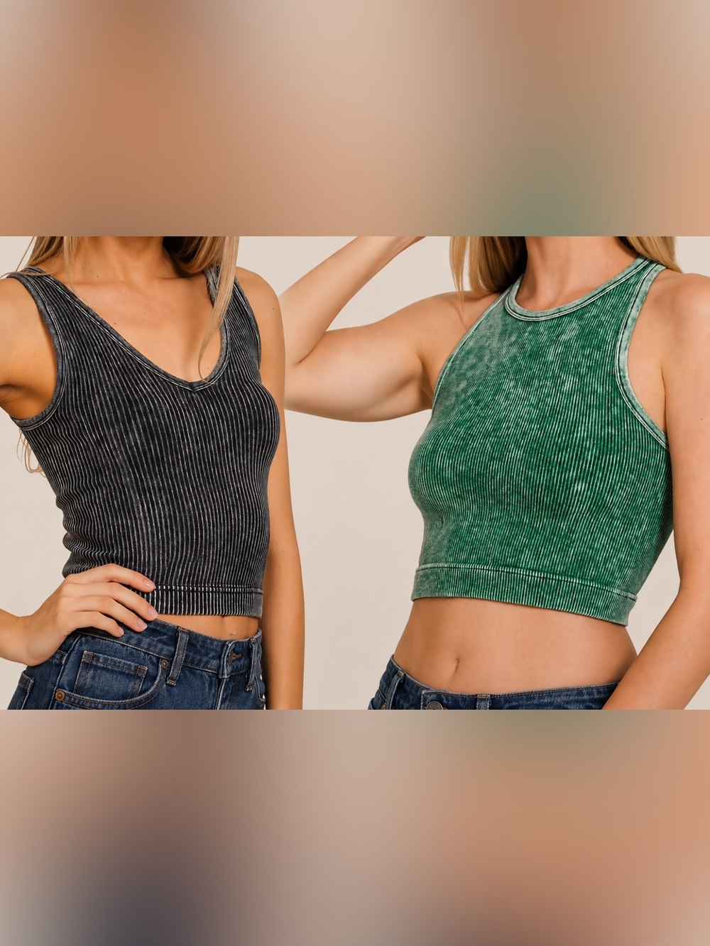 Zenana 2 Tank Bundle- Green & a Washed Black Ribbed Cropped Tank- NWOT- Sz L/XL